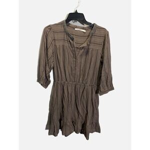 Ellison Mini Dress Womens Medium Brown‎ Striped Boho Ruffle Crochet Trim Casual